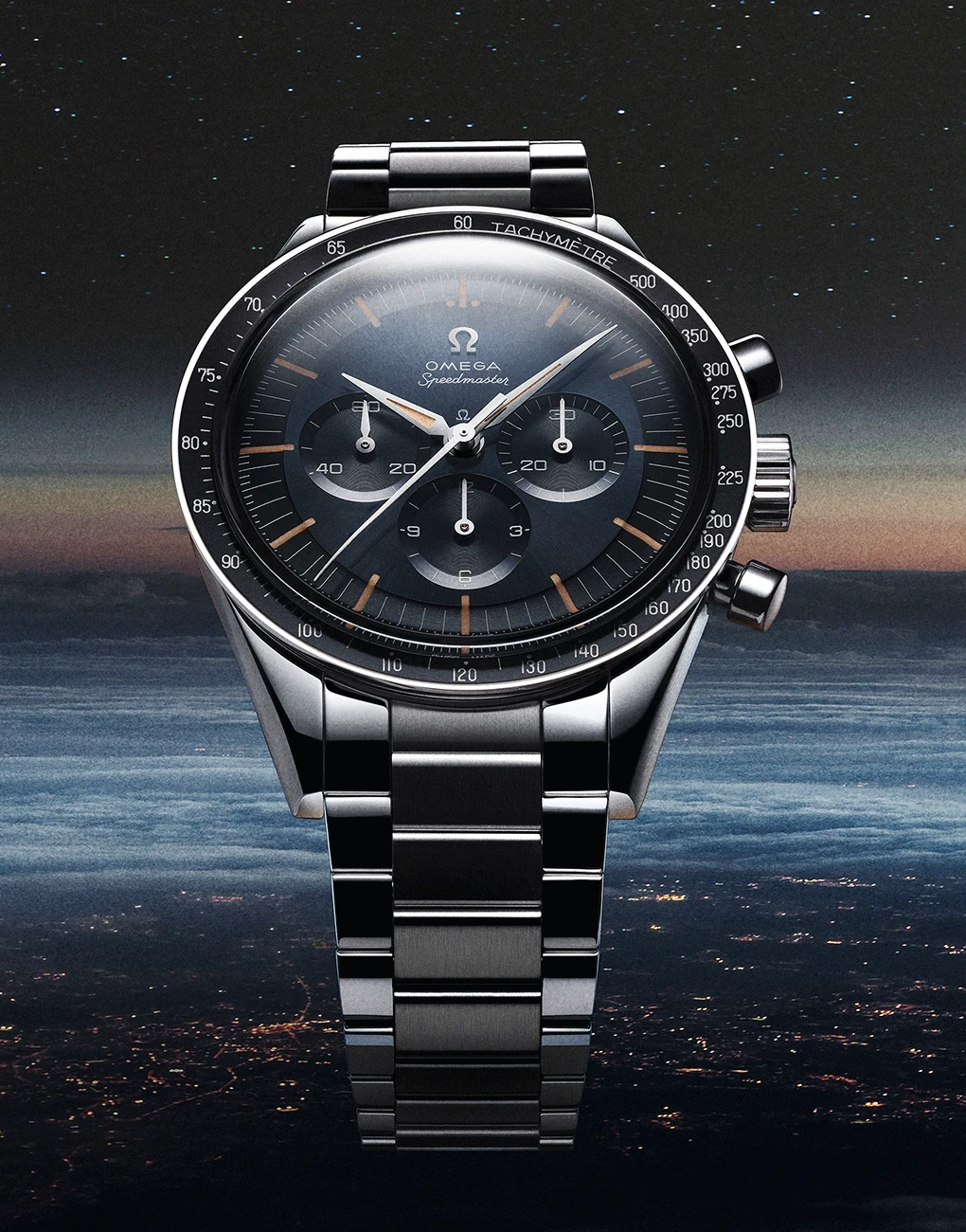 Omega Speedmaster First Omega in Space photographed against the Earth and night sky